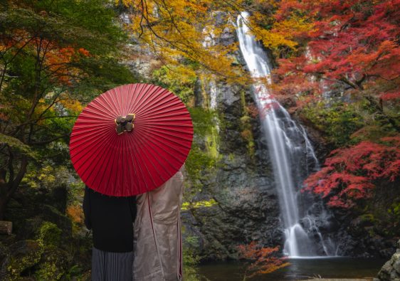 זוג עומד מתחת למטריה בסגנון יםני מול מפל ועצים עם עלים צהובים אדומים וירוקים