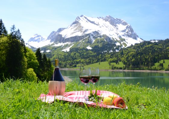 יין ופירות עם נוף הרים מושלגים